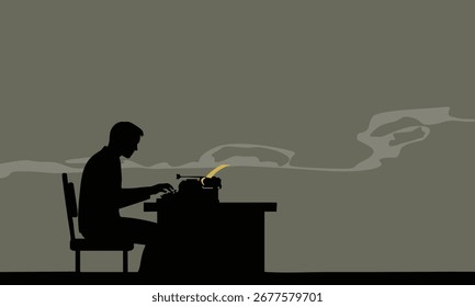 Minimalistische Vektorsilhouette eines Mannes, der auf einer Schreibmaschine mit Raucheffekt-Hintergrund tippt, kreatives Schreiben, Retro-Illustrationsstil im Vintage-Stil.