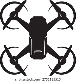 Minimalist vector silhouette of a quadcopter drone seen from above isolated on a white background