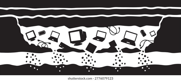 Minimalist vector silhouette representing toxic leaching from landfilled e-waste. Clean design illustrating environmental contamination and pollution.