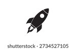 Minimalist vector silhouette of a rocket ship taking off diagonally