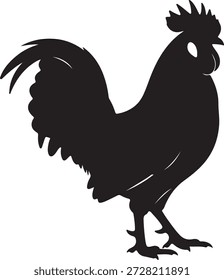 Silhueta vetorial minimalista de um galo ou pássaro da fazenda de pé isolado em um fundo branco