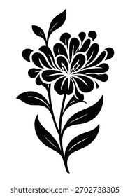 A minimalist vector silhouette of a single flower, isolated on a clean white background. The design emphasizes simplicity and elegance, with clean lines and a solid silhouette form.