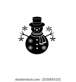 A minimalist vector silhouette of a snowman with classic winter details, like a top hat, scarf, buttons, and stick arms. The simple, monochromatic design captures a festive Christmas theme, perfect fo