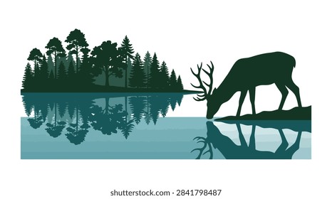 Minimalist vector silhouette of a stag drinking from a serene lake. Detailed forest tree line with mirror reflections on water surface. Ideal for nature and wildlife themes.
