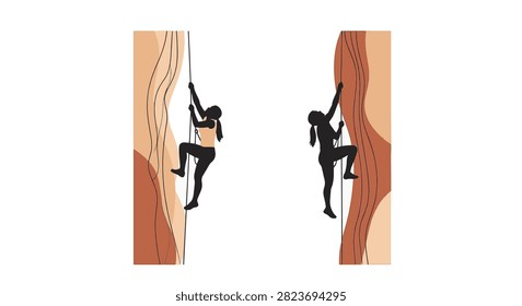 Minimalist vector silhouette of two female rock climbers scaling stylized earth-toned rock faces using safety ropes, set against a clean white background.