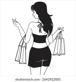 Minimalist Vector Silhouette of Young Woman in Casual Summer Look Carrying Shopping Bags – Perfect for Fashion Labels, Retail Graphics, and Marketing Designs