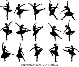 Minimalist vector silhouettes of ballerinas in various dancing poses – elegant black flat design of ballet performers – isolated dance illustration with simple, graceful movements and clean outline gr