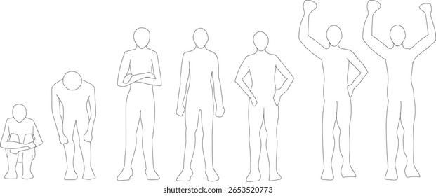 Silhuetas vetoriais minimalistas de pessoas em várias poses de vista frontal, de sentado a de pé com braços levantados. Perfeito para desenhos arquitetônicos, diagramas e apresentações.