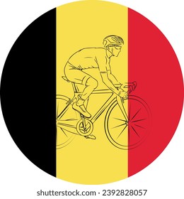Minimalist vector of a single road cyclist in profile riding against a circular Belgian flag background. Clean and symbolic design for cycling events, sports branding, or national identity themes.