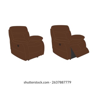 Minimalist vector of a single-seat reclining sofa in rich dark brown, displayed with both folded and open footrest. Elegant contrast lines define the cushion contours.