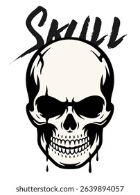 Minimalist Vector Skull Face with Sharp Eyes, Dripping Mouth, and Black Ink Silhouette Tattoo Stencil Style Isolated on White Background