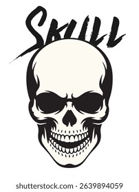 Minimalist Vector Skull Face with Sharp Eyes, Dripping Mouth, and Black Ink Silhouette Tattoo Stencil Style Isolated on White Background