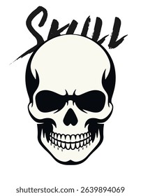 Minimalist Vector Skull Face with Sharp Eyes, Dripping Mouth, and Black Ink Silhouette Tattoo Stencil Style Isolated on White Background