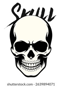 Minimalist Vector Skull Face with Sharp Eyes, Dripping Mouth, and Black Ink Silhouette Tattoo Stencil Style Isolated on White Background