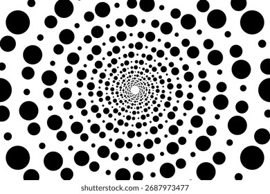 Minimalist Vector Spiral Pattern with Dots in Black and White in Modern Geometric Style,Vector spiral pattern featuring concentric dots in black and white creating a dynamic optical illusion in a mode