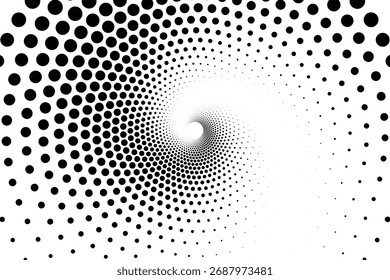 Minimalistisches Vektorspiralmuster mit Punkten in Schwarz und Weiß im modernen geometrischen Stil, Vektorspiralmuster mit konzentrischen Punkten in Schwarz und Weiß, das eine dynamische optische Täuschung im Modus erzeugt