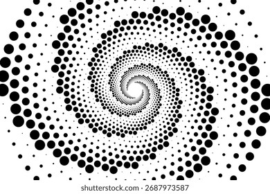 Minimalistisches Vektorspiralmuster mit Punkten in Schwarz und Weiß im modernen geometrischen Stil, Vektorspiralmuster mit konzentrischen Punkten in Schwarz und Weiß, das eine dynamische optische Täuschung im Modus erzeugt