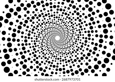 Minimalist Vector Spiral Pattern with Dots in Black and White in Modern Geometric Style,Vector spiral pattern featuring concentric dots in black and white creating a dynamic optical illusion in a mode