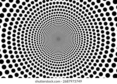 Minimalist Vector Spiral Pattern with Dots in Black and White in Modern Geometric Style,Vector spiral pattern featuring concentric dots in black and white creating a dynamic optical illusion in a mode