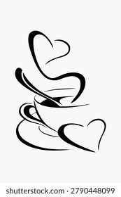 Minimalist vector of a steaming coffee cup with heart shapes, in black and white line art style.