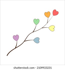 Minimalist vector sticker on LGBT topic using branch with hearts in rainbow colours on white background for illustration of lgbt love concept. Vector illustration of gay community pride concept