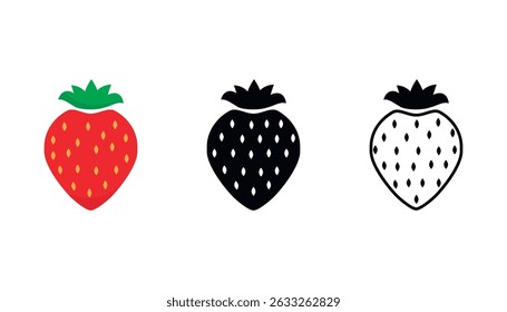 Ilustraciones minimalistas de fresa de Vector en tres formatos: color, monocromo y contorno, ideales para un uso versátil en materiales digitales o impresos. Perfecto para la marca de alimentos, Web y diseño App.