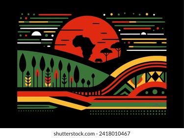 A minimalist vector style landscape in green red and yellow with tribal elements and Africa contour, black history month background banner