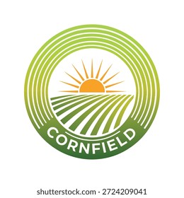 Minimalist vector of a stylized sun rising over a cultivated field, paired with the word "CORNFIELD". Perfect for eco-friendly farm branding, sunrise-themed agriculture visuals, or organic product labels.