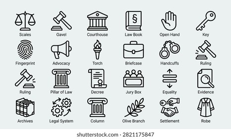 Minimalist vector symbols representing judicial branch government institutions attorney services and human rights advocacy collection of black stroke icons on light background for court proceedings legal documentation and social justice concept graphic representation purposes.