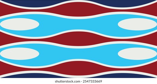 Minimalist vector with symmetrical white and light blue oval pattern. Enhanced with thick white outline, blue elements and maroon background for an elegant and harmonious effect