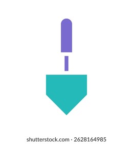 Minimalist vector of a teal shovel with purple handle against white background