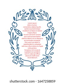 Minimalist vector template with flowers and plant elements in blue color. Floral frame with space for text. For invitations, cards, posters, magazine articles. 