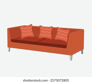 Minimalist vector of a terracotta three-seater couch featuring three decorative pillows with chevron patterns.