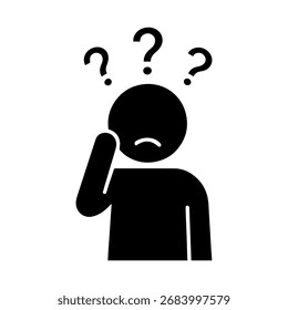 Vector minimalista de la figura humana reflexiva con signos de interrogación sobre fondo negro.