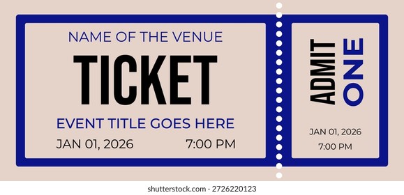 Plantilla minimalista de entradas de Vector para conciertos o películas. Cuenta con un borde azul, trozo perforado y marcadores de posición para la fecha, la hora y el lugar. Diseño moderno y limpio para eventos.