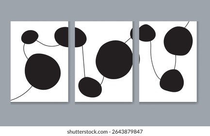  Minimalist vector triptych with black ink blot design on white background, offering a calm, balanced, and sophisticated aesthetic for gallery-style modern and contemporary interiors