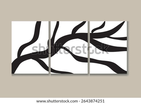  Minimalist vector triptych wall art featuring stylized black tree branches on white background, abstract and modern design ideal for elegant contemporary interior decoration