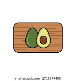 Minimalist vector of two avocado halves on a wooden cutting board with pale beige background. Flat design emphasizes healthy eating, nutrition, and meal prep.