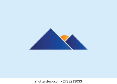 Minimalistischer Vektor von zwei blauen Bergen mit einer warmen Sonne zwischen ihnen weiche Gradienten und ein ruhiges modernes Gefühl