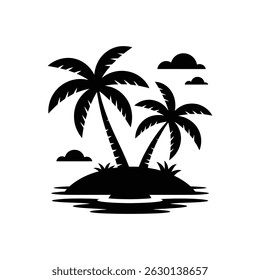 Minimalist vector of two palm trees on a small island surrounded by water with a few clouds in the background, all in black silhouette.