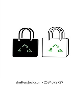 Minimalist vector of two reusable shopping bags with a recycling symbol. One is solid black, the other is an outline. Ideal for eco-friendly branding and sustainability themes.