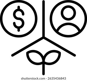 Minimalist vector visual icons, designed to communicate complex ideas about balance, sustainability and a holistic approach to financial, social and environmental values.