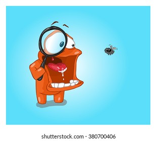 Minimalist vector wallpaper scrutiny of a fly with a magnifying glass.