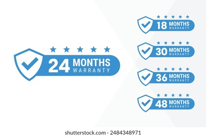 Minimalist Vector warranty shield with checklist label icon set. Number of months 24, 18, 30, 36, 48. vector eps