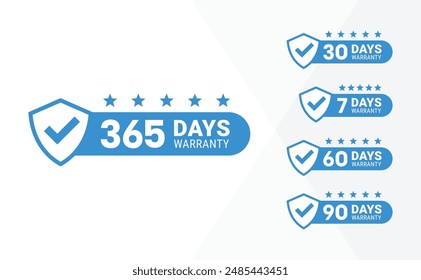 Minimalist Vector warranty shield with checklist label icon set. Number of days 365, 30, 7, 60, 90. vector eps