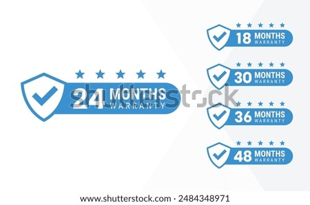 Minimalist Vector warranty shield with checklist label icon set. Number of months 24, 18, 30, 36, 48. vector eps