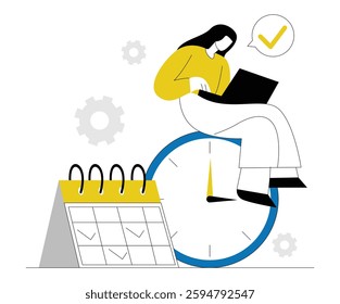 Minimalist vector of a woman with a laptop sitting on a clock, a calendar nearby, symbolizing time management and efficiency. Ideal for business and workflow concepts.