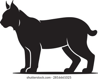 A minimalist vector-style graphic of a lynx, rendered in high-contrast solid black on a stark white background. The composition features a clean, professional profile view of the wild cat standing alert, capturing its characteristic pointed, tufted ears and short, bobbed tail. The design utilizes smooth, bold outlines and simplified geometric shapes to define the animal's silhouette without internal detail or shading, emphasizing a modern and iconic look. The overall mood is sleek, strong, and symbolic, utilizing a flat graphic style typical of a high-quality logo or emblem, with sharp, crisp edges and an uncluttered visual presence.