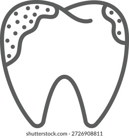 Ícone de estilo vetorial minimalista de um dente molar apresentando manchas salpicadas no esmalte, representando cavidades dentárias, acúmulo de placas ou cárie dentária. Ideal para marca de clínica dentária, infográficos de higiene oral ou aplicativos médicos com foco em odontologia.