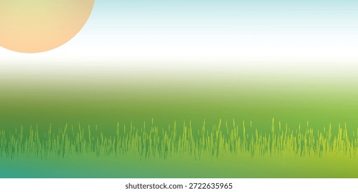 Una ilustración minimalista de estilo Vector que presenta un Grande sol de bordes suaves en la esquina superior izquierda, arrojando luz sobre un campo verde vibrante con césped estilizado.